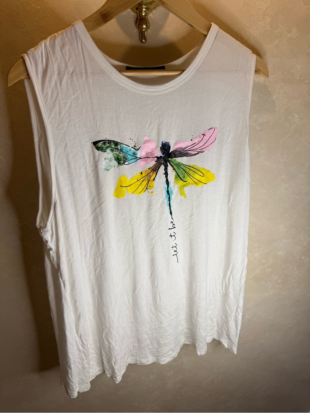 IrisGod White Tank with Multicolor Dragonfly Watercolor Print